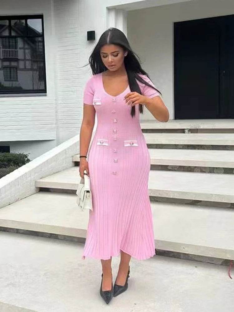 Buy Center Elegant Knitted Long Dress - V-neck Bodycon for Summer - Buy Center UK