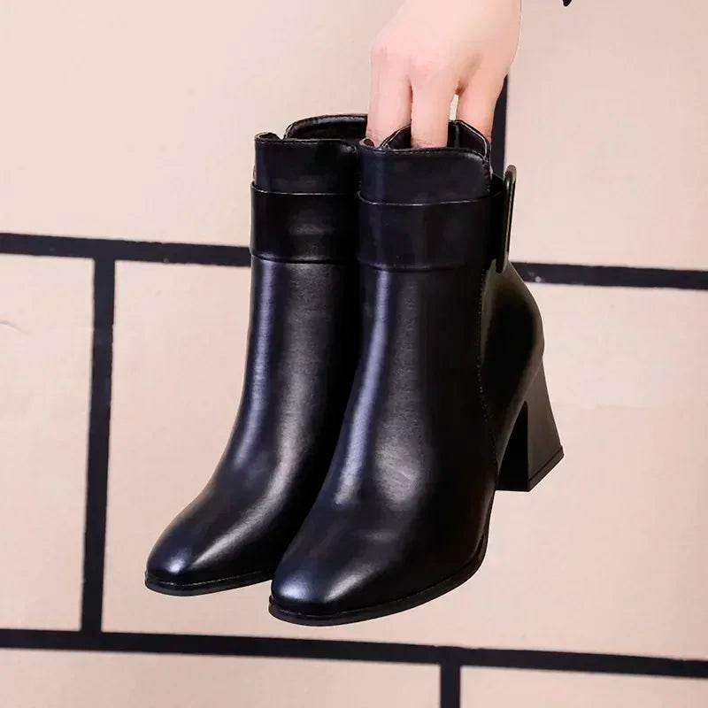 Elegant Women's High Heel Ankle Boots - Square Toe & Buckle Detail - Buy Center UK
