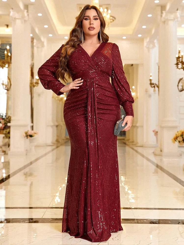 TOLEEN Plus Size Maxi Dress - Elegant V-Neck Sequin Evening Gown - Buy Center UK