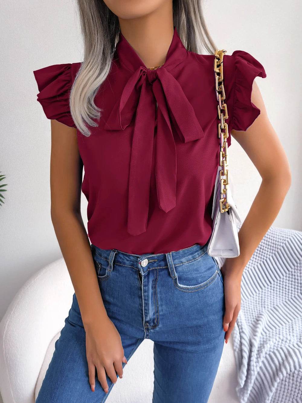 Buy Center Women’s Summer Chiffon Blouse - Bow Ruffle Short Sleeve - Buy Center UK