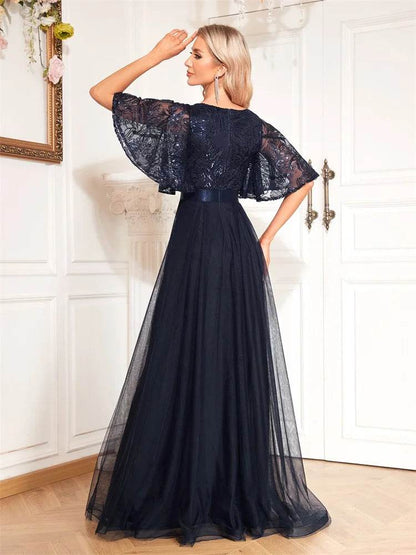 Luxury Blue V-Neck Sequins Evening Dress - Elegant Floor-Length Gown - Buy Center UK