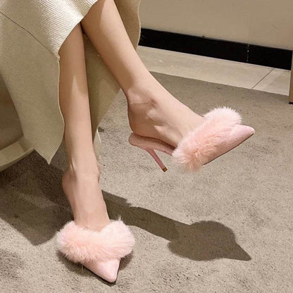 Buy Center Faux Fur Mules Slippers - Pointed Toe, Thin Heels - Buy Center UK