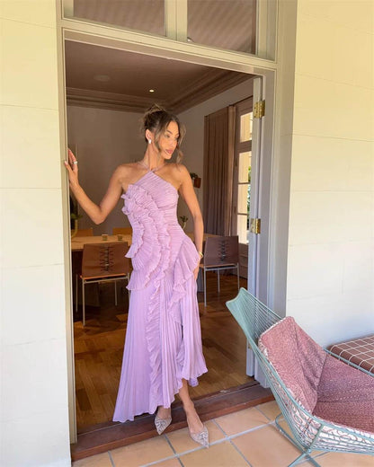 Cathy Customized Purple Halter Neck Prom Dress - Elegant Side Split - Buy Center UK