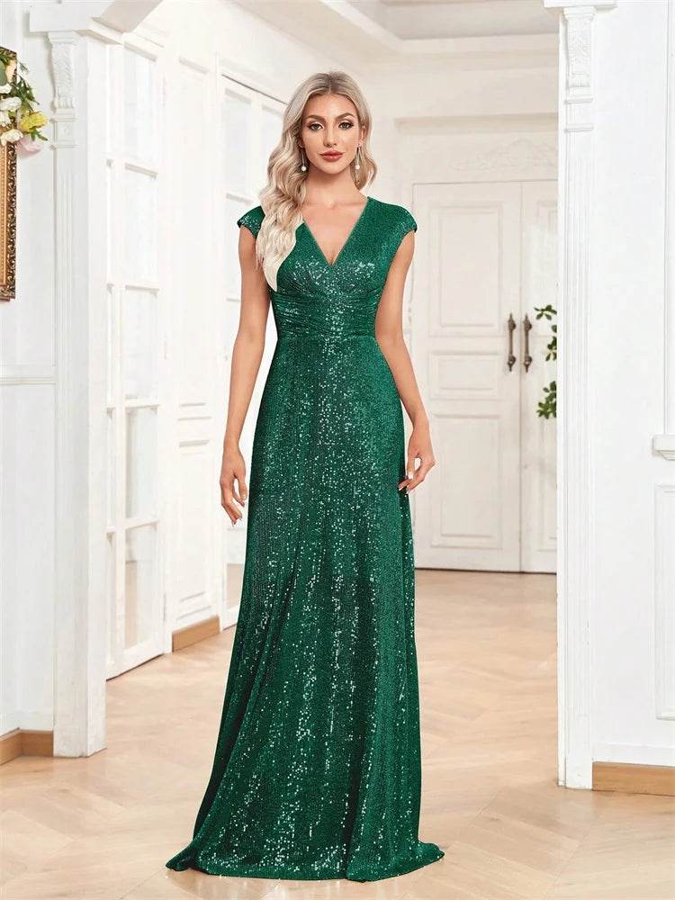 2025 Women Elegant V-neck Mermaid Evening Dress - Floor Length Blue Gown - Buy Center UK