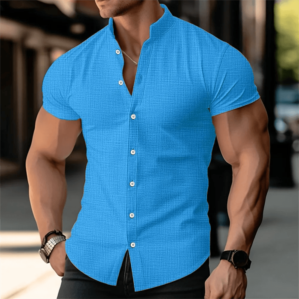 Buy Center Men's Linen Shirt - Stand Up Collar, Short Sleeves, Summer - Buy Center UK