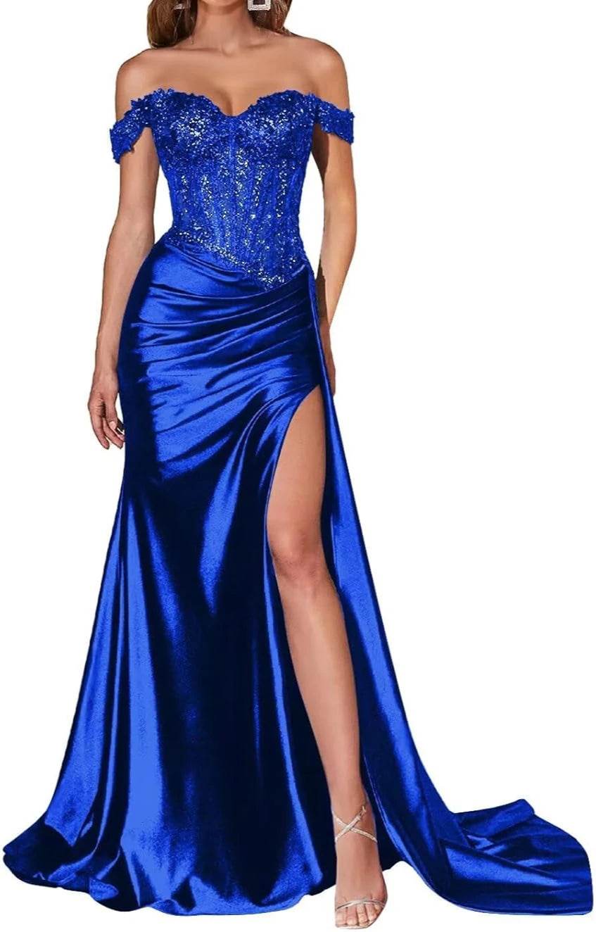 Navy Blue Strapless Satin Prom Dress – Elegant Split Evening Gown - Buy Center UK