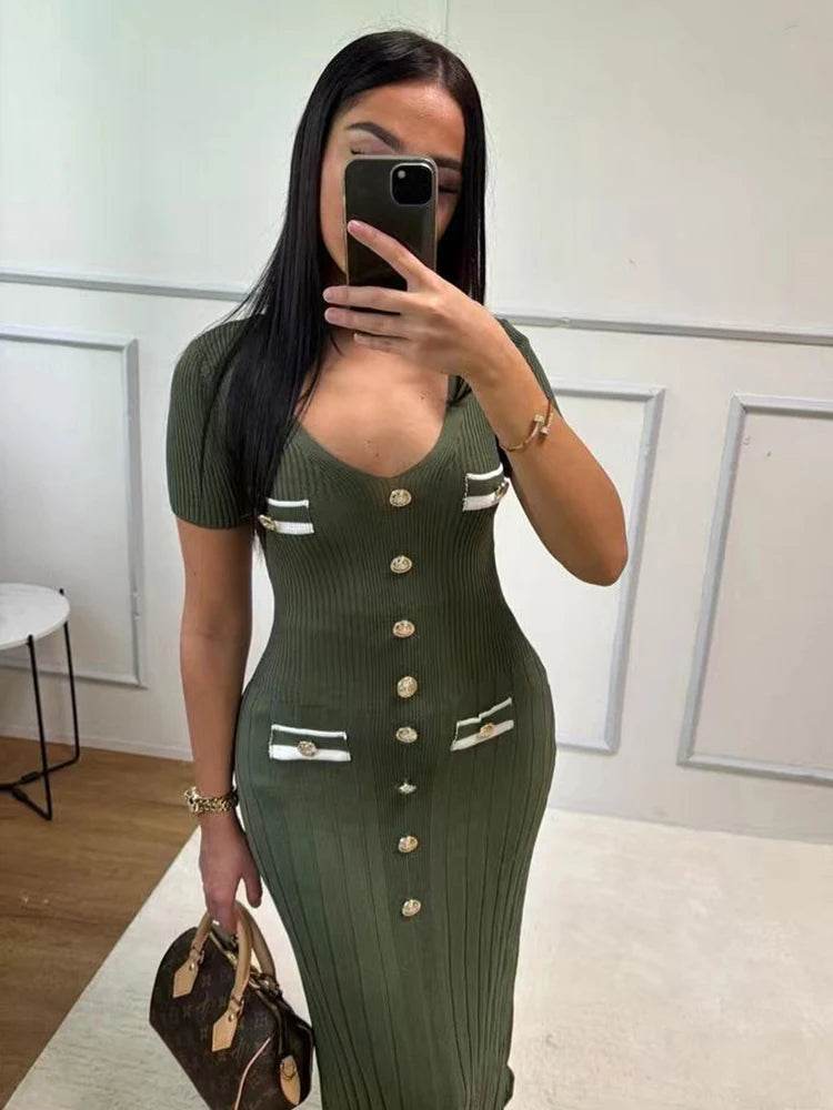 Buy Center Elegant Knitted Long Dress - V-neck Bodycon for Summer - Buy Center UK
