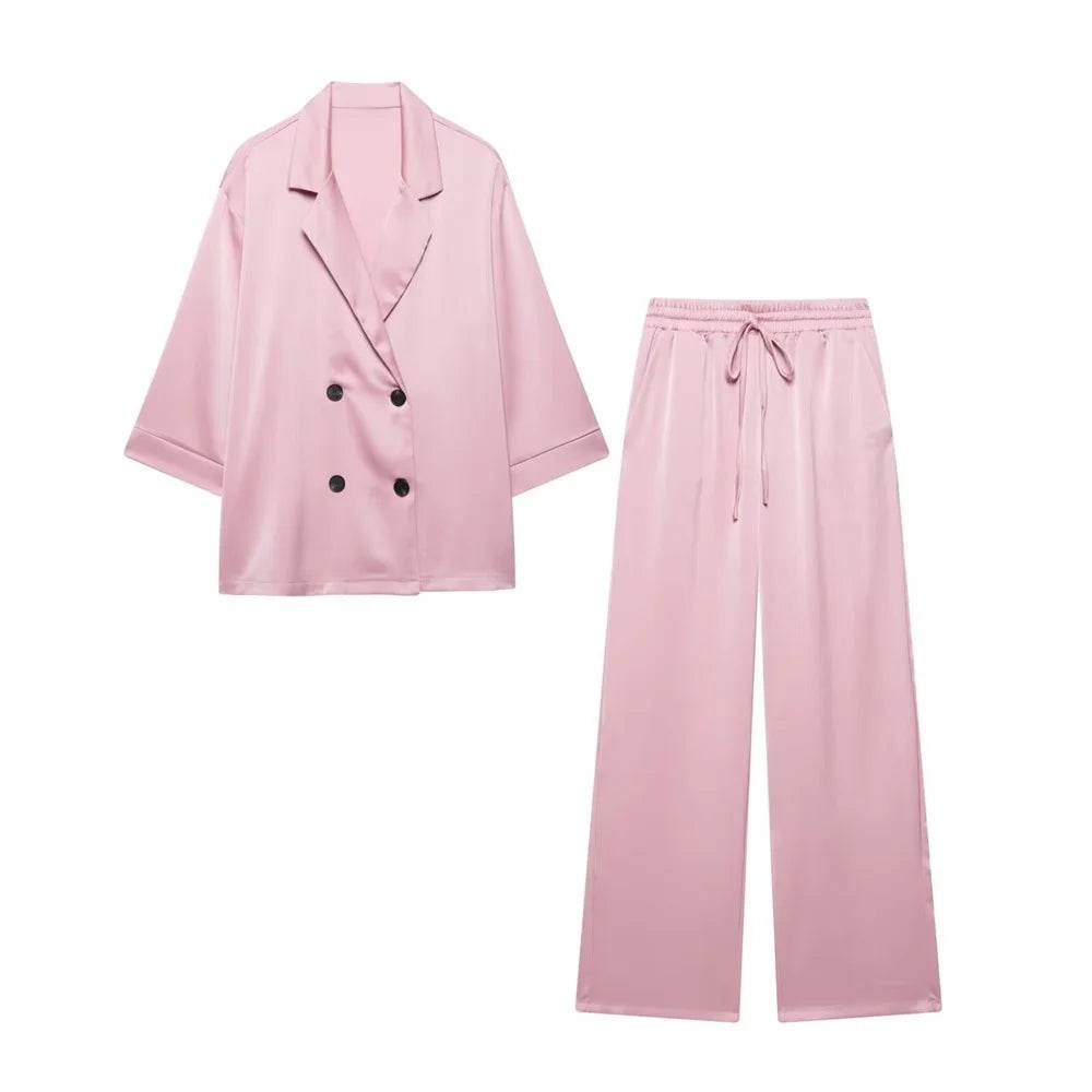 PB&ZA Pink Satin Blazer & Wide-Leg Pants Set - Chic Women's Style - Buy Center UK