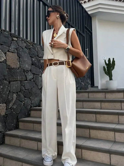 2024 Elegant Sleeveless Blazer & Wide Pants Set - V-Neck Style - Buy Center UK