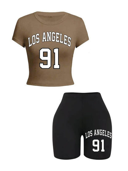 Buy Center Women’s Slim Crop T-Shirt & Shorts Set - Brooklyn Art Print - Buy Center UK