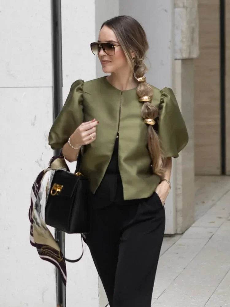 Buy Center Women's Solid Satin Blouse - Pouf Balloon Sleeves, Loose Fit - Buy Center UK