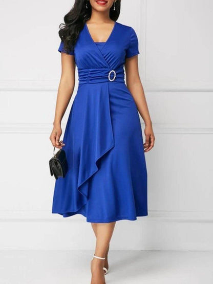 Elegant Summer Midi Dress - Women’s V Neck Asymmetric Hem Style - Buy Center UK