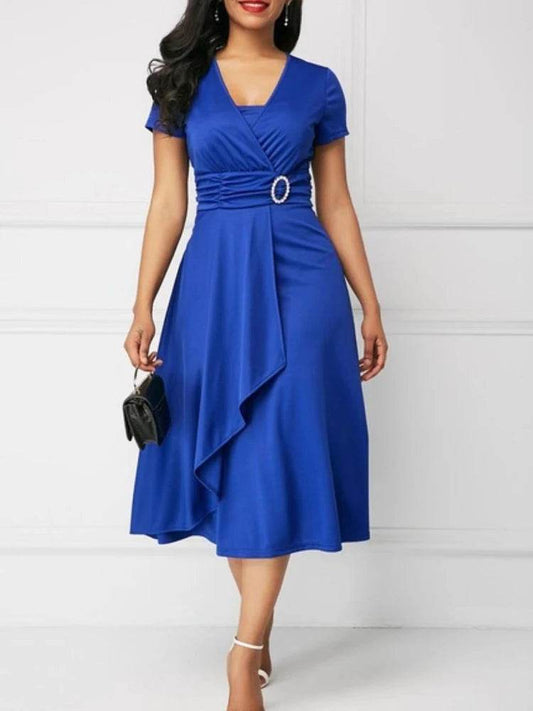 Elegant Summer Midi Dress - Women’s V Neck Asymmetric Hem Style - Buy Center UK