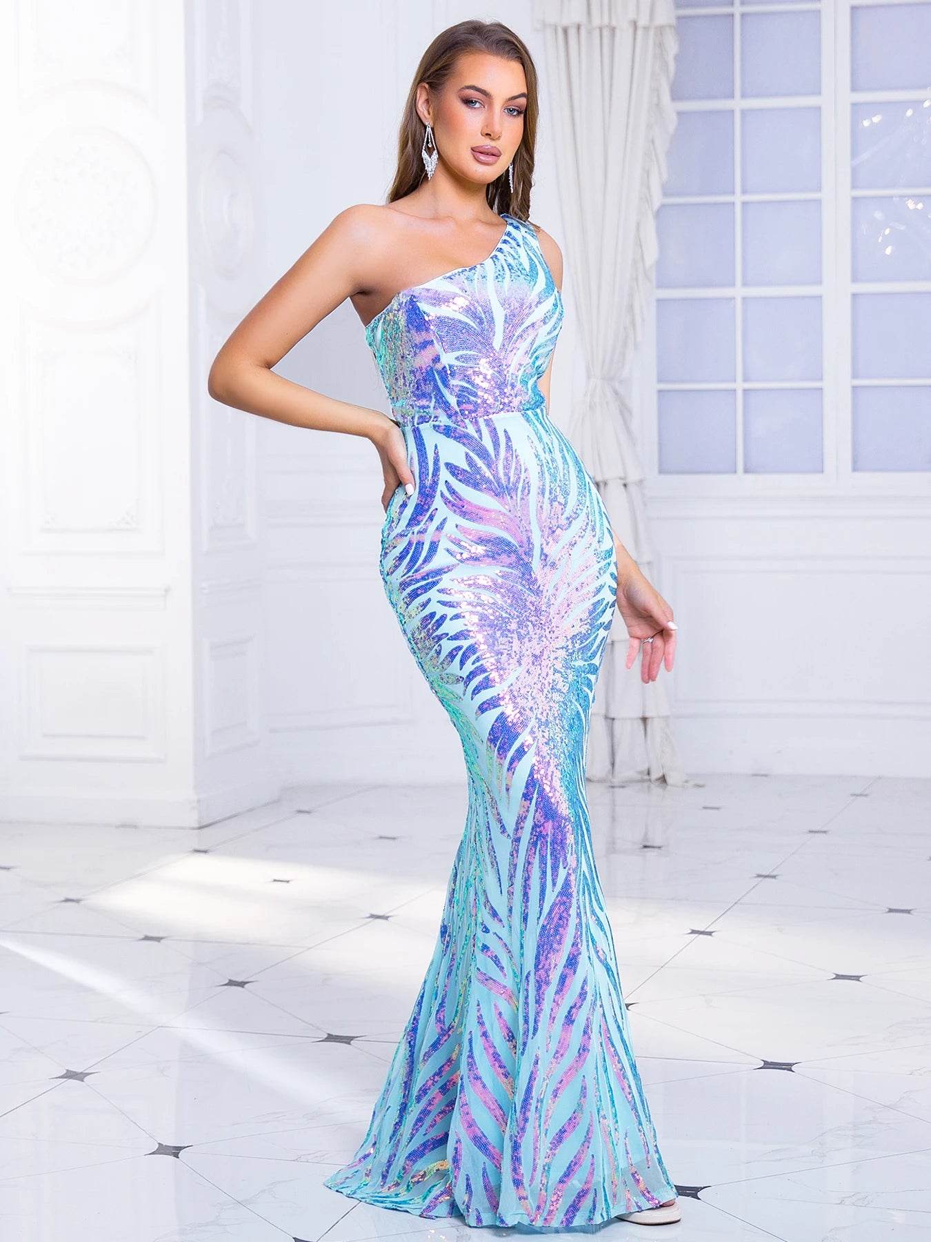 Romagic One Shoulder Cocktail Dress - Shiny Sequined Evening Gown - Buy Center UK