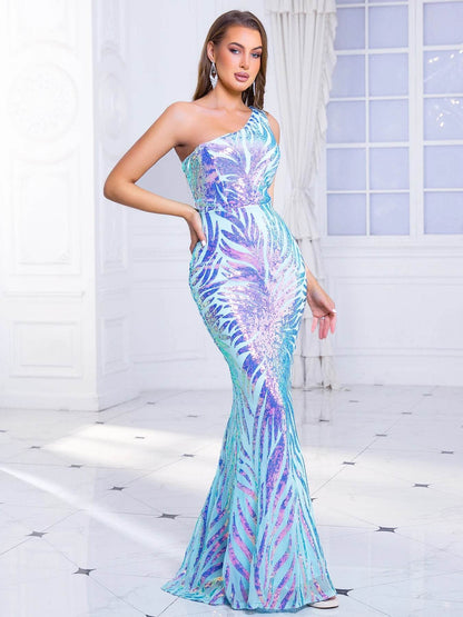 Romagic One Shoulder Cocktail Dress - Shiny Sequined Evening Gown - Buy Center UK