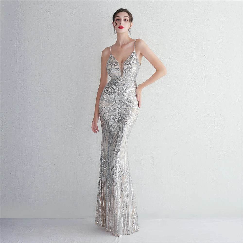 HBLL Sexy V Neck Maxi Dress - Purple Sequin Evening Gown for Parties - Buy Center UK