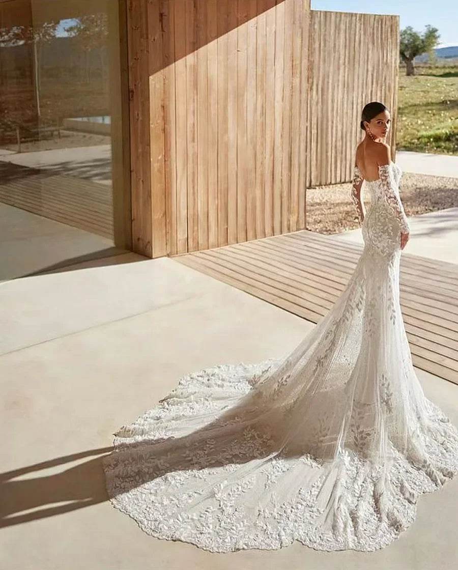 Customized Mermaid Wedding Dress - Lace Appliques & Long Sleeves - Buy Center UK