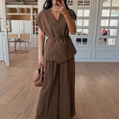 Buy Center Women's Loose Lace Up Shirt & Pleated Pants Set - Spring Style - Buy Center UK