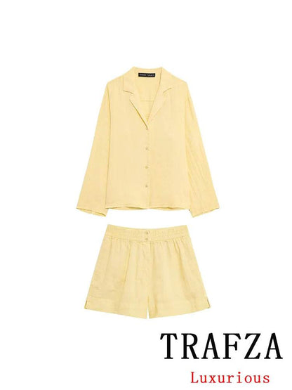 TRAFZA Casual Chic Women Yellow Suit - V-Neck Blouse & Shorts - Buy Center UK