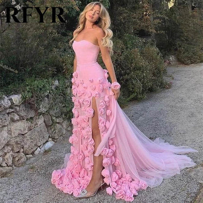 RFYR Pink Mermaid Prom Dress - 3D Flower Design, Side Slit Gown - Buy Center UK