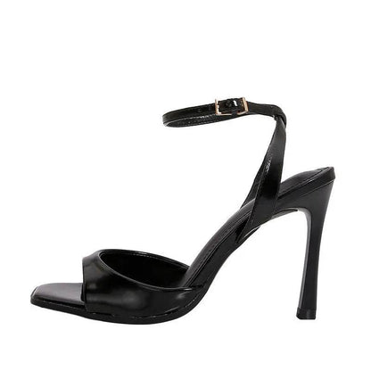 Elegant Black Patent Leather Heeled Sandals - Ankle Strap Design - Buy Center UK