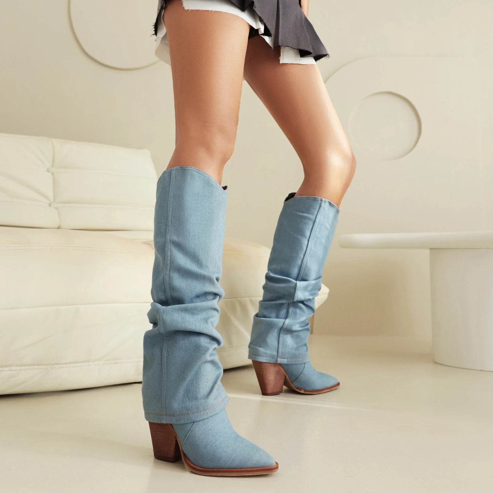 Buy Center Denim Knee High Boots - Super High Spike Heel Fashion - Buy Center UK