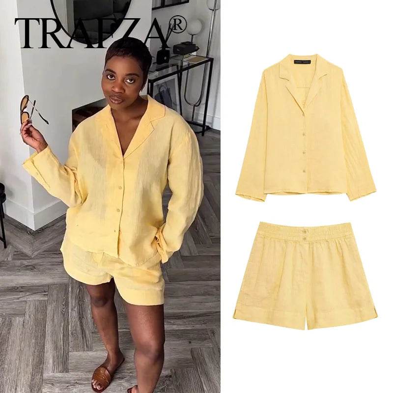 TRAFZA 2025 Summer Set - Casual Cotton Linen Long Sleeve Shirt & Shorts - Buy Center UK