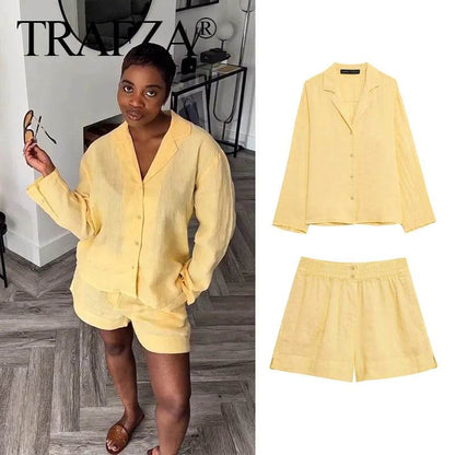 TRAFZA 2025 Summer Set - Casual Cotton Linen Long Sleeve Shirt & Shorts - Buy Center UK