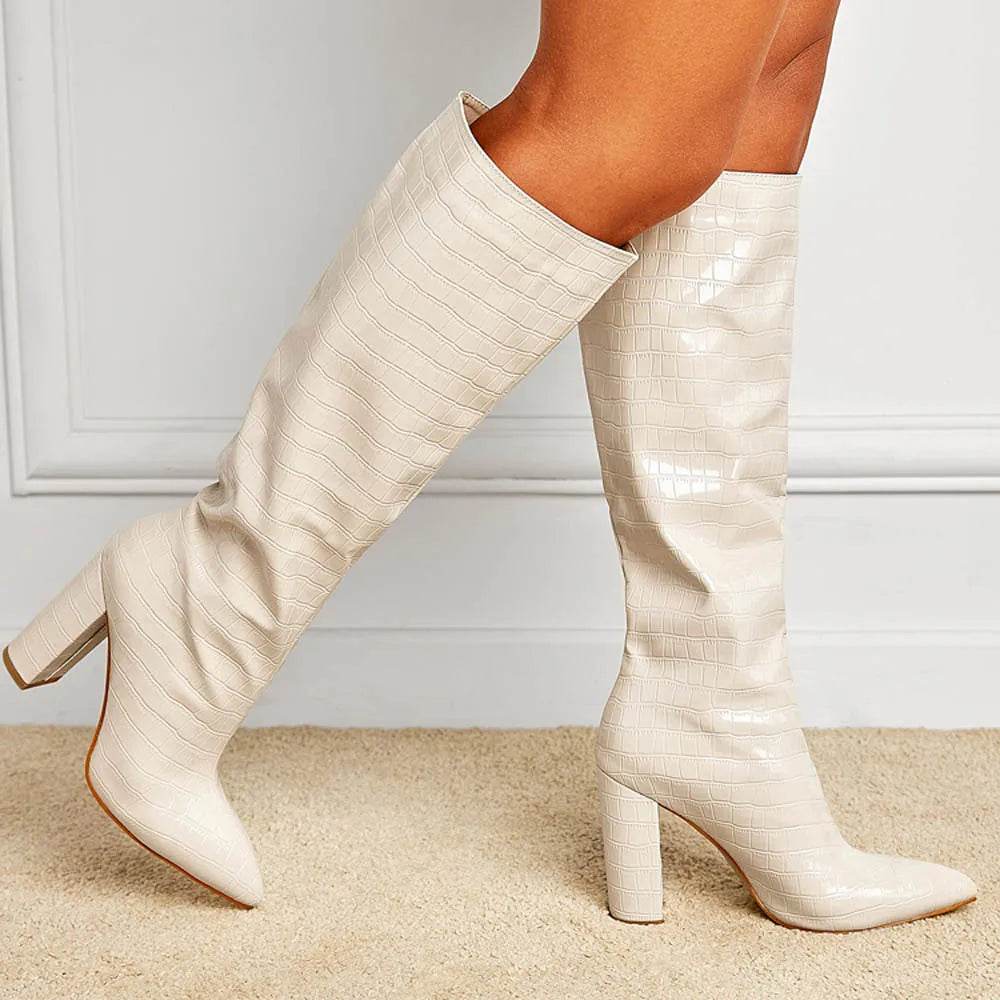 2023 Chunky Over-the-Knee Boots - Lychee Pattern, Pointed Toe Style - Buy Center UK