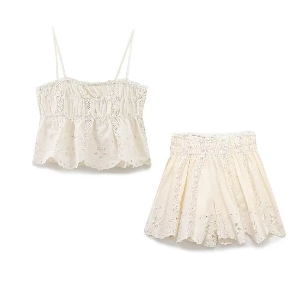 PB&ZA Women's Spring Outfit - Embroidered Top & High Waist Shorts - Buy Center UK