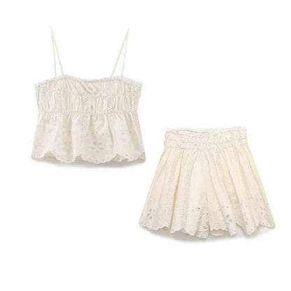 PB&ZA Women's Spring Outfit - Embroidered Top & High Waist Shorts - Buy Center UK
