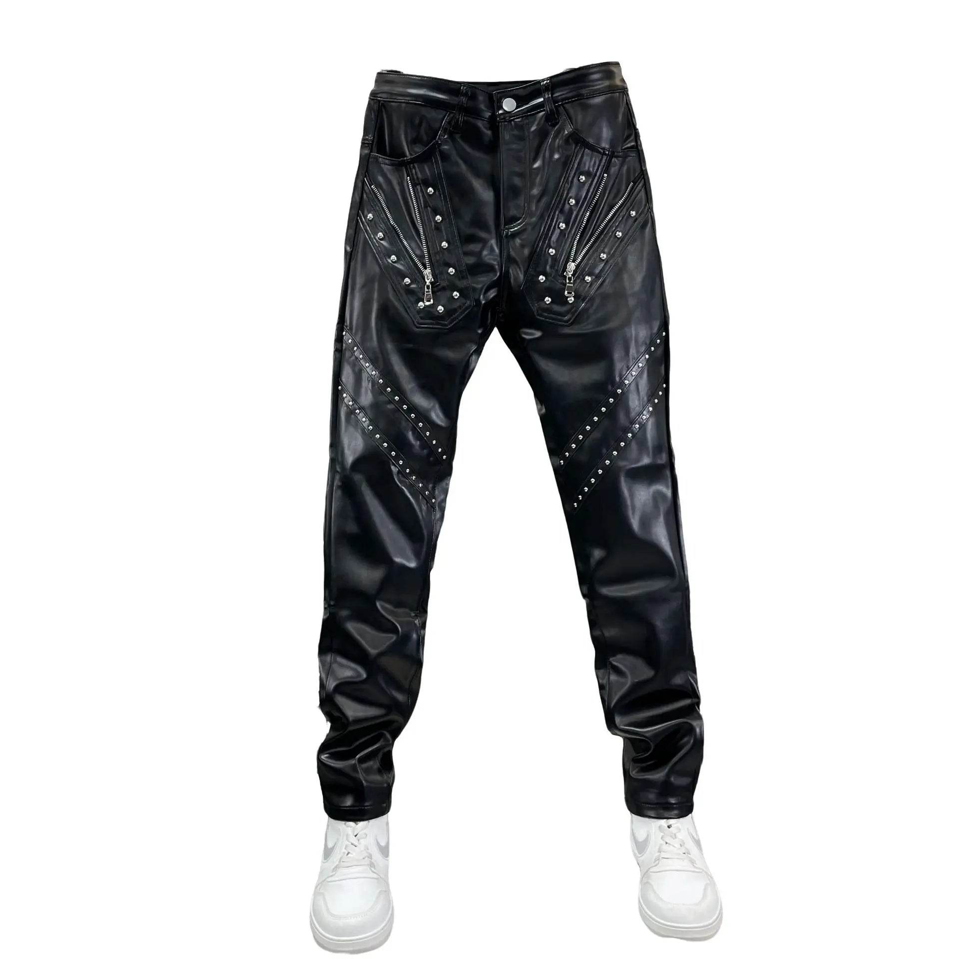 Buy Center Windproof Leather Pants - Slim Fit, Rivet & Zipper Decor - Buy Center UK