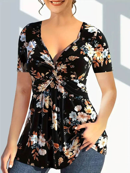Buy Center Plus Size Floral Print Twist Front T-shirt - Elegant V Neck - Buy Center UK