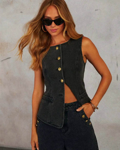 Fmxires Women's Retro Denim Vest & Wide-Leg Pants Set - Summer Style - Buy Center UK
