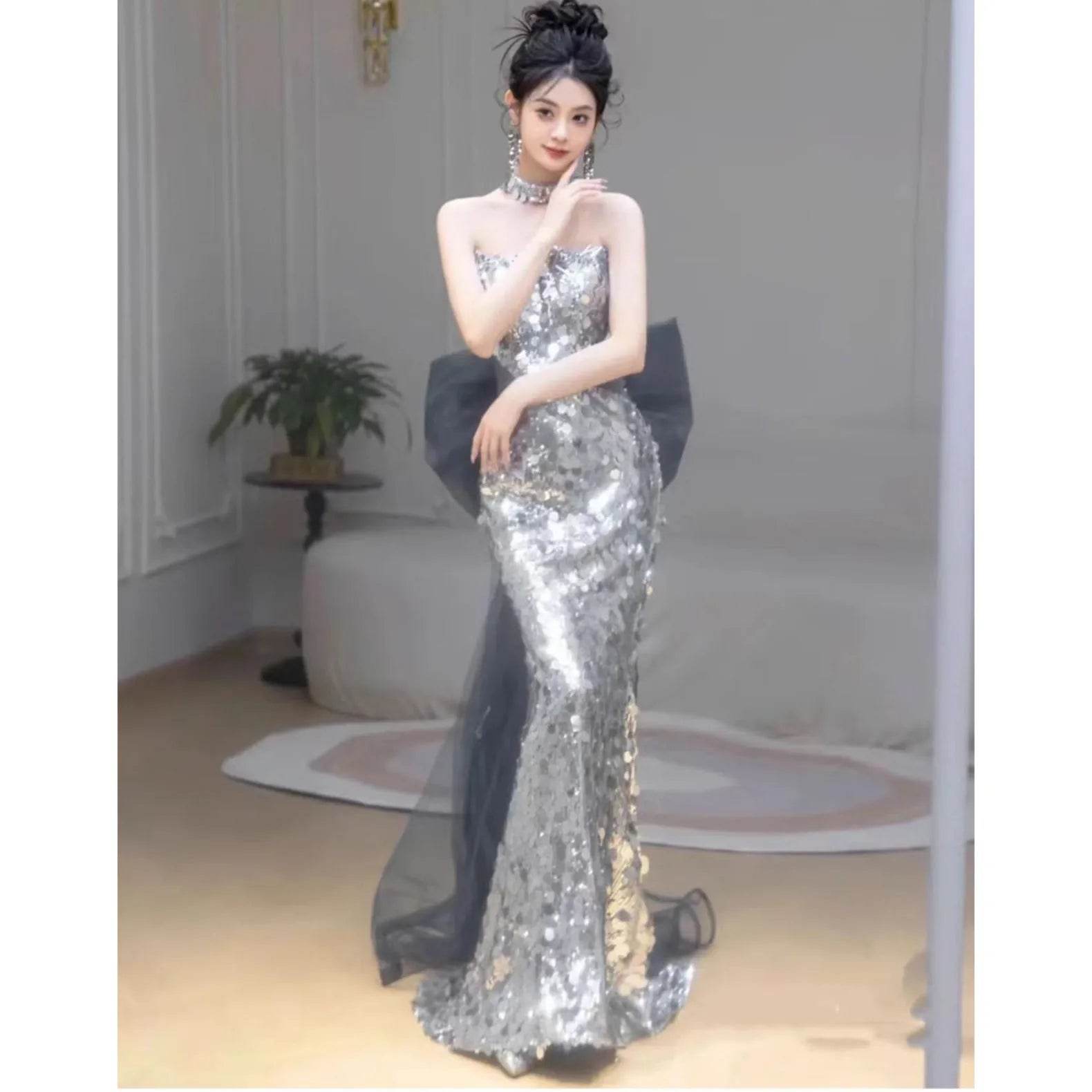 Plus Size Women's Mermaid Evening Dress - Sequins & Bow Detail - Buy Center UK