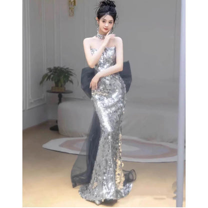 Plus Size Women's Mermaid Evening Dress - Sequins & Bow Detail - Buy Center UK
