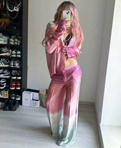 Buy Center Tie-Dye Print Shirt Pants Set - Chic V-Neck Satin Look - Buy Center UK