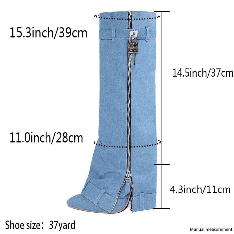 Buy Center Blue Denim Knee High Cowboy Boots - Pointed Toe & High Heel - Buy Center UK