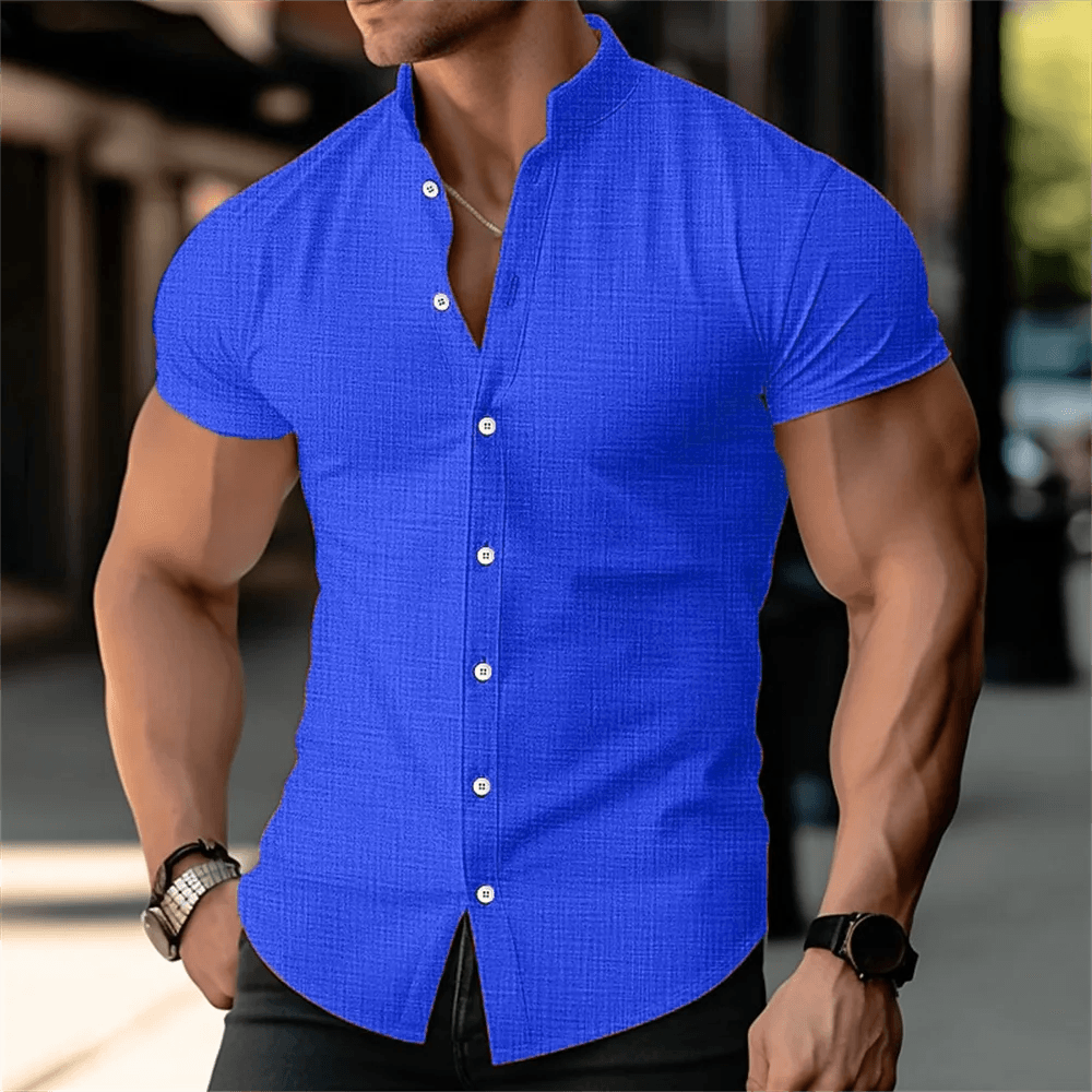 Buy Center Men's Linen Shirt - Stand Up Collar, Short Sleeves, Summer - Buy Center UK