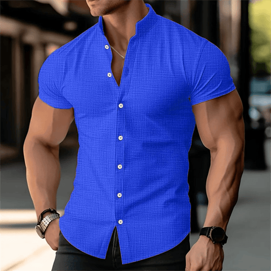 Buy Center Men's Linen Shirt - Stand Up Collar, Short Sleeves, Summer - Buy Center UK