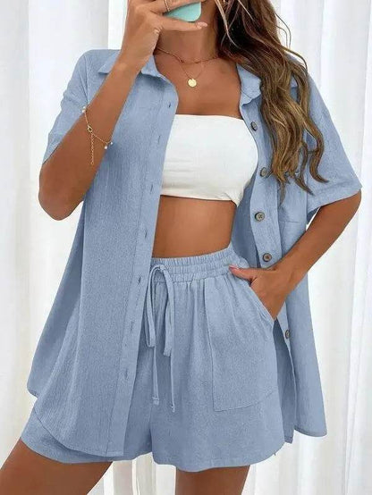 Summer Fashion Shorts Two-Piece Set - Casual Tied Shirt & Loose Fit - Buy Center UK