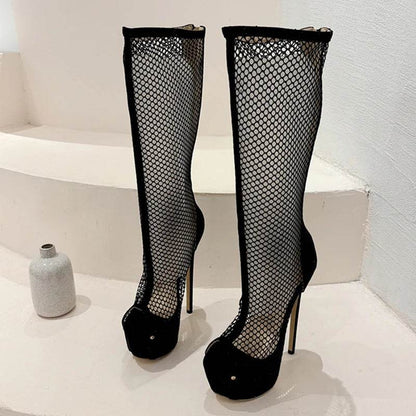 Liyke Sexy Peep Toe Knee High Boots - Gold Stripper Platform Heels - Buy Center UK