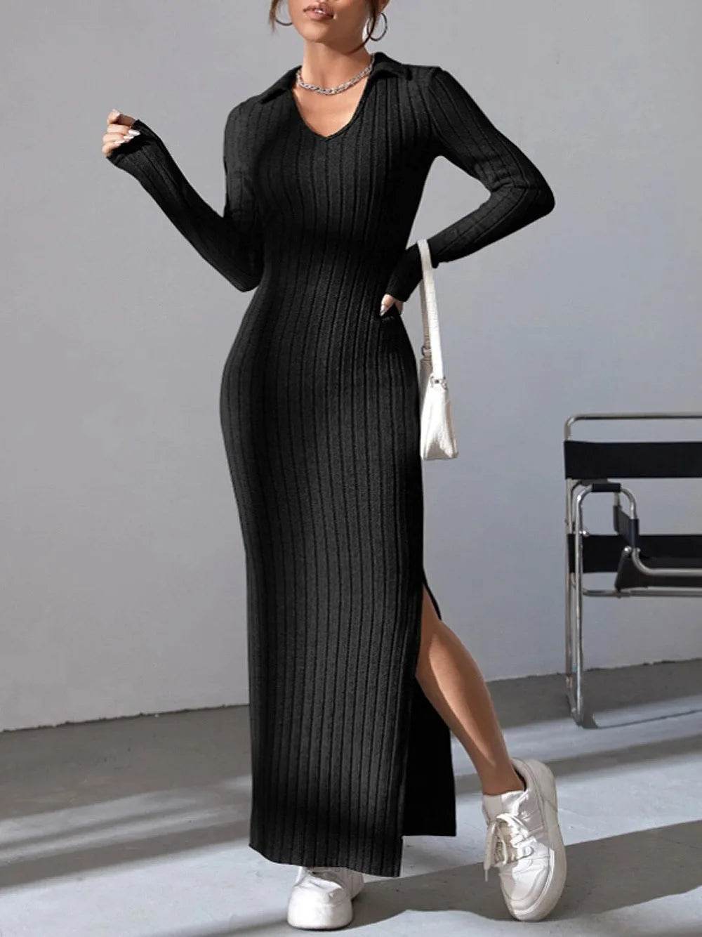 Spring 2024 Knitted Slim Lapel Dress - Long Sleeve, Elegant Fit - Buy Center UK