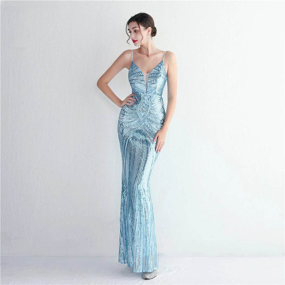 HBLL Sexy V Neck Maxi Dress - Purple Sequin Evening Gown for Parties - Buy Center UK