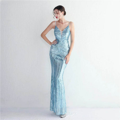 HBLL Sexy V Neck Maxi Dress - Purple Sequin Evening Gown for Parties - Buy Center UK