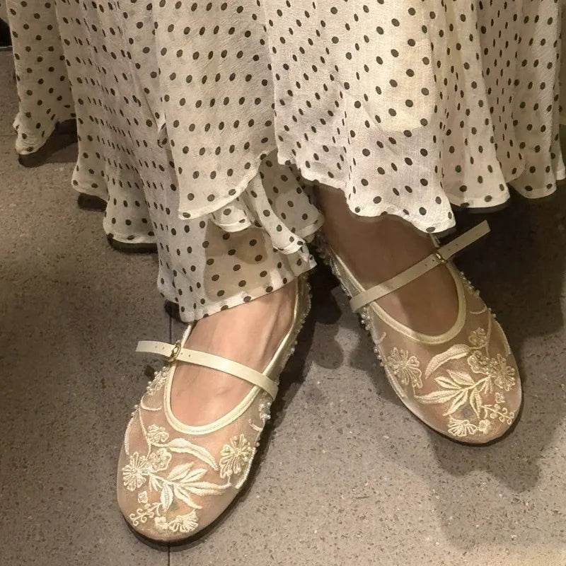 Stylish Mesh Embroidery Mary Jane Ballet Flats - Low Heel Comfort - Buy Center UK