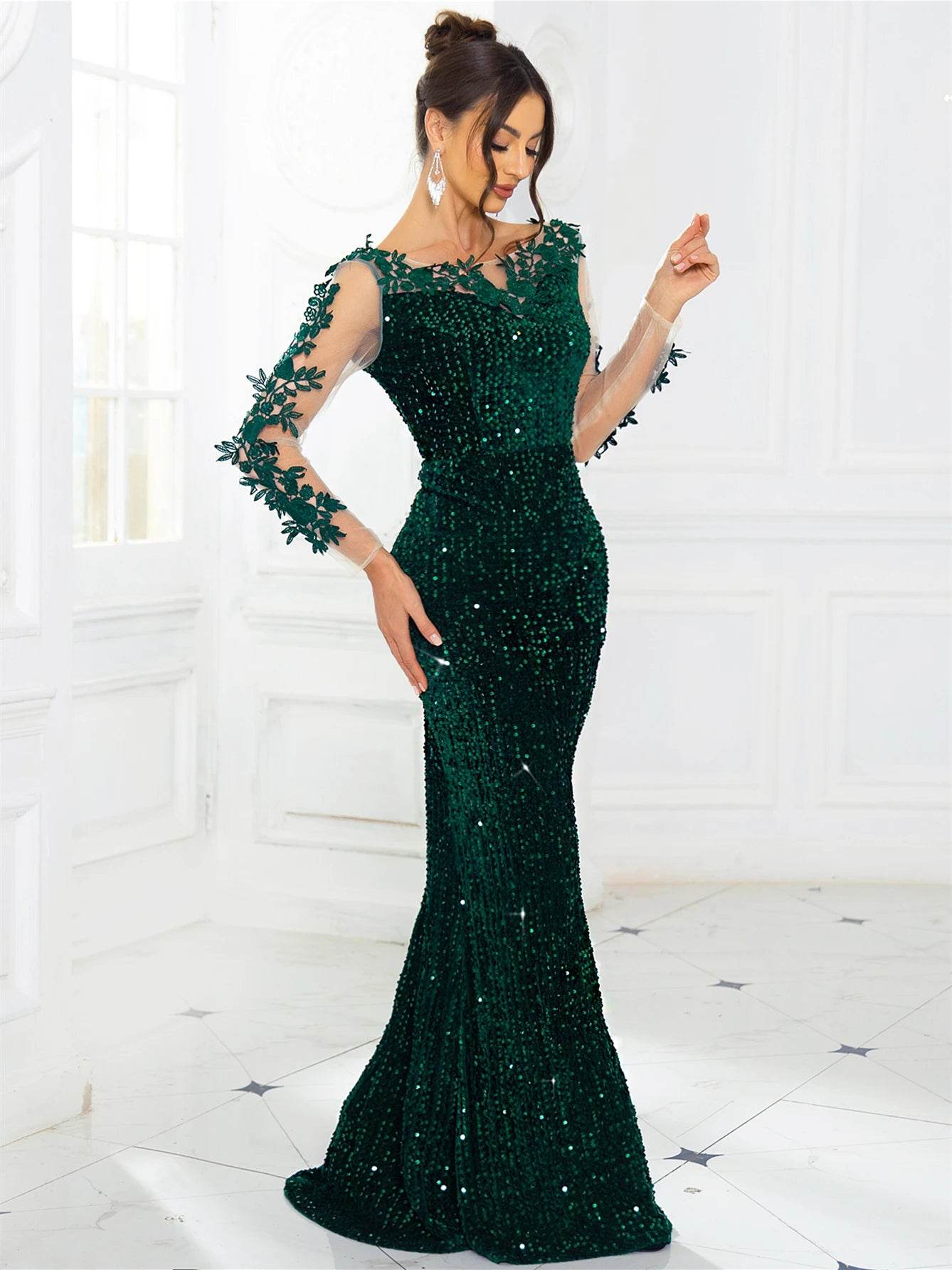 Elegant Lace Sequined Velvet Evening Dress - Backless Full Sleeves - Buy Center UK