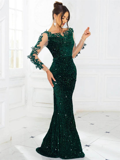 Elegant Lace Sequined Velvet Evening Dress - Backless Full Sleeves - Buy Center UK