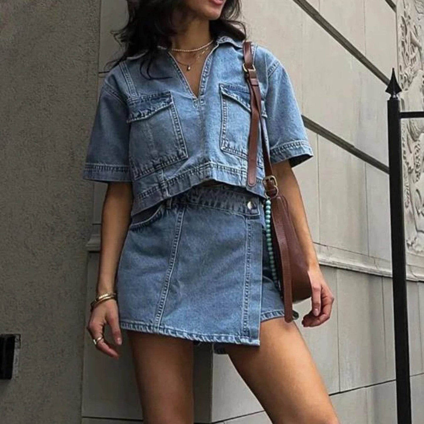 Women's 2 Piece Denim Outfit - Cropped Top & High Waist Shorts - Buy Center UK