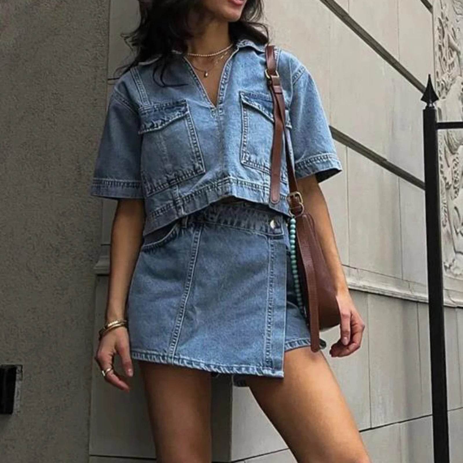 Women's 2 Piece Denim Outfit - Cropped Top & High Waist Shorts - Buy Center UK